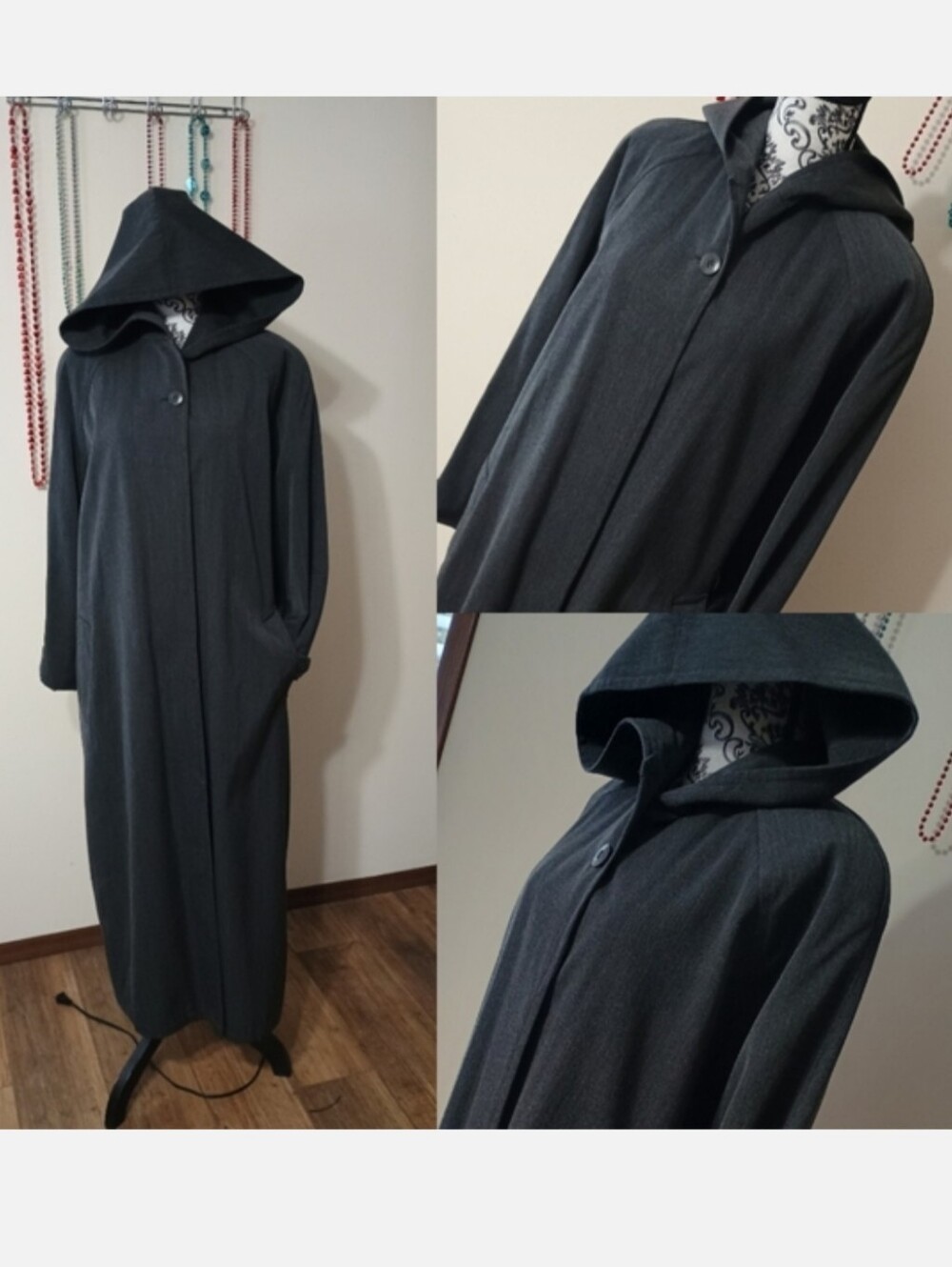 Vintage London Fog Charcoal Hooded Beltless Trench Coat Size 12